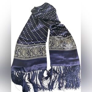 Navy Blue 100% Silk Scarf with Paisley and Fringe Accents